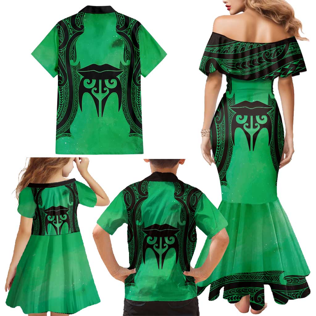Personalised Moko Kauae New Zealand Family Matching Mermaid Dress and Hawaiian Shirt Maori Chin Tattoo Green - Polynesian Pride