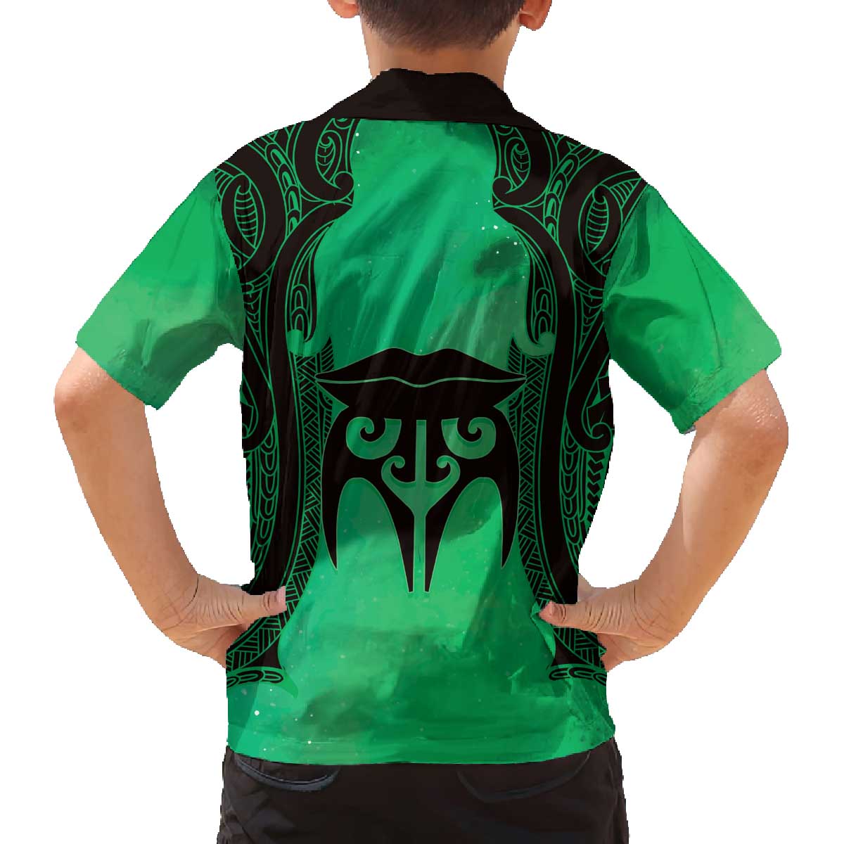 Personalised Moko Kauae New Zealand Family Matching Off The Shoulder Long Sleeve Dress and Hawaiian Shirt Maori Chin Tattoo Green - Polynesian Pride