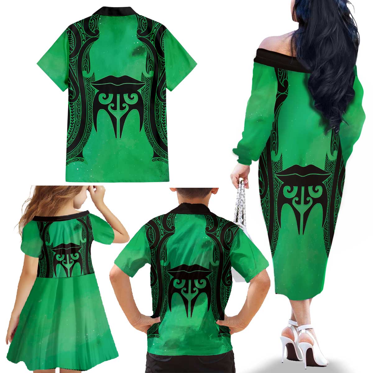 Personalised Moko Kauae New Zealand Family Matching Off The Shoulder Long Sleeve Dress and Hawaiian Shirt Maori Chin Tattoo Green - Polynesian Pride