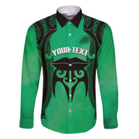 Personalised Moko Kauae New Zealand Family Matching Off The Shoulder Long Sleeve Dress and Hawaiian Shirt Maori Chin Tattoo Green - Polynesian Pride
