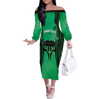 Personalised Moko Kauae New Zealand Family Matching Off The Shoulder Long Sleeve Dress and Hawaiian Shirt Maori Chin Tattoo Green - Polynesian Pride