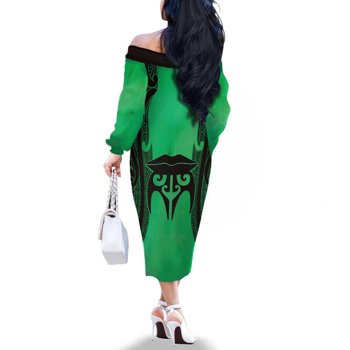 Personalised Moko Kauae New Zealand Family Matching Off The Shoulder Long Sleeve Dress and Hawaiian Shirt Maori Chin Tattoo Green - Polynesian Pride
