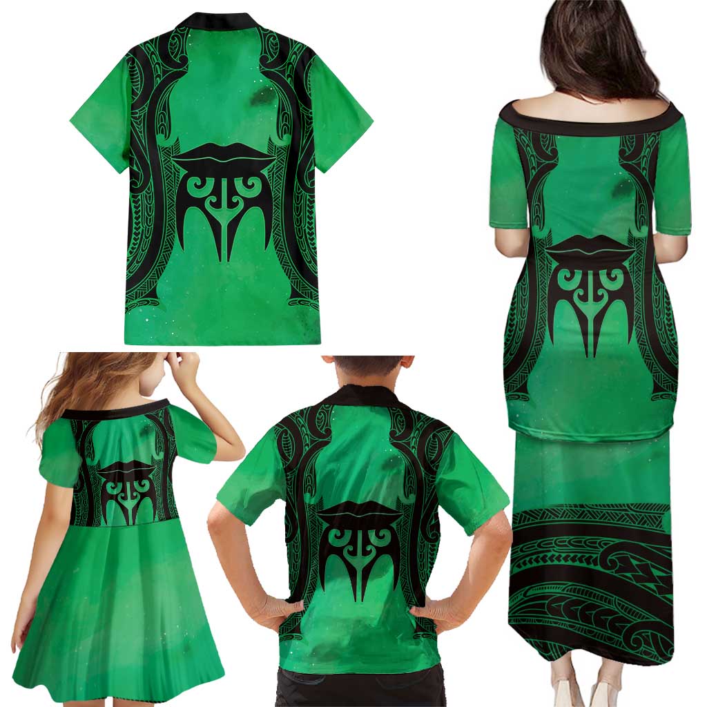 Personalised Moko Kauae New Zealand Family Matching Puletasi and Hawaiian Shirt Maori Chin Tattoo Green - Polynesian Pride