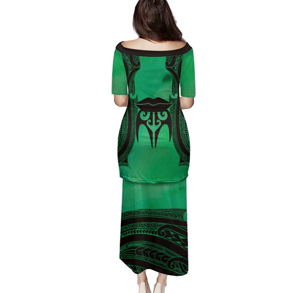 Personalised Moko Kauae New Zealand Family Matching Puletasi and Hawaiian Shirt Maori Chin Tattoo Green - Polynesian Pride