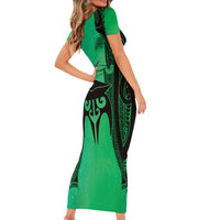Personalised Moko Kauae New Zealand Family Matching Short Sleeve Bodycon Dress and Hawaiian Shirt Maori Chin Tattoo Green - Polynesian Pride