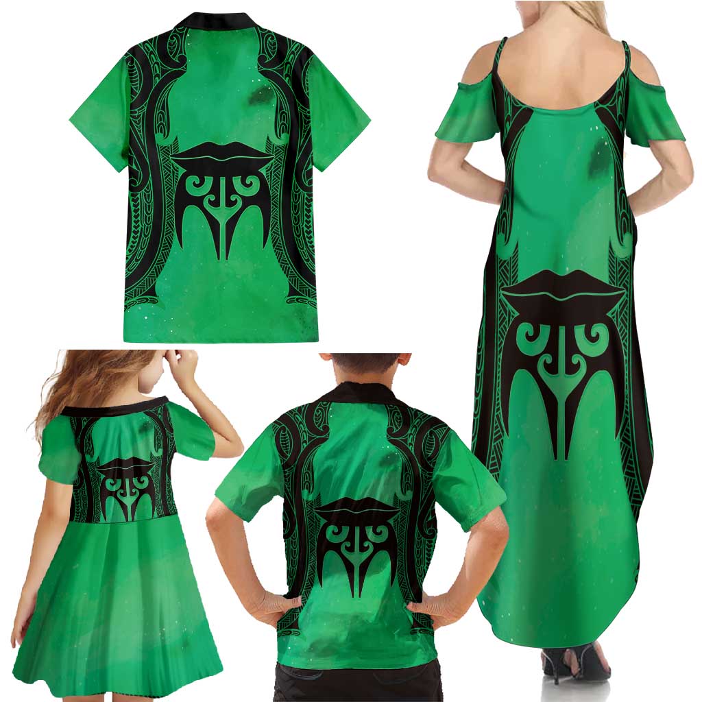 Personalised Moko Kauae New Zealand Family Matching Summer Maxi Dress and Hawaiian Shirt Maori Chin Tattoo Green - Polynesian Pride
