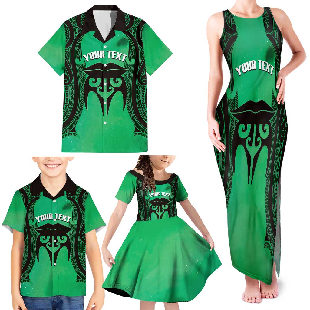 Personalised Moko Kauae New Zealand Family Matching Tank Maxi Dress and Hawaiian Shirt Maori Chin Tattoo Green - Polynesian Pride