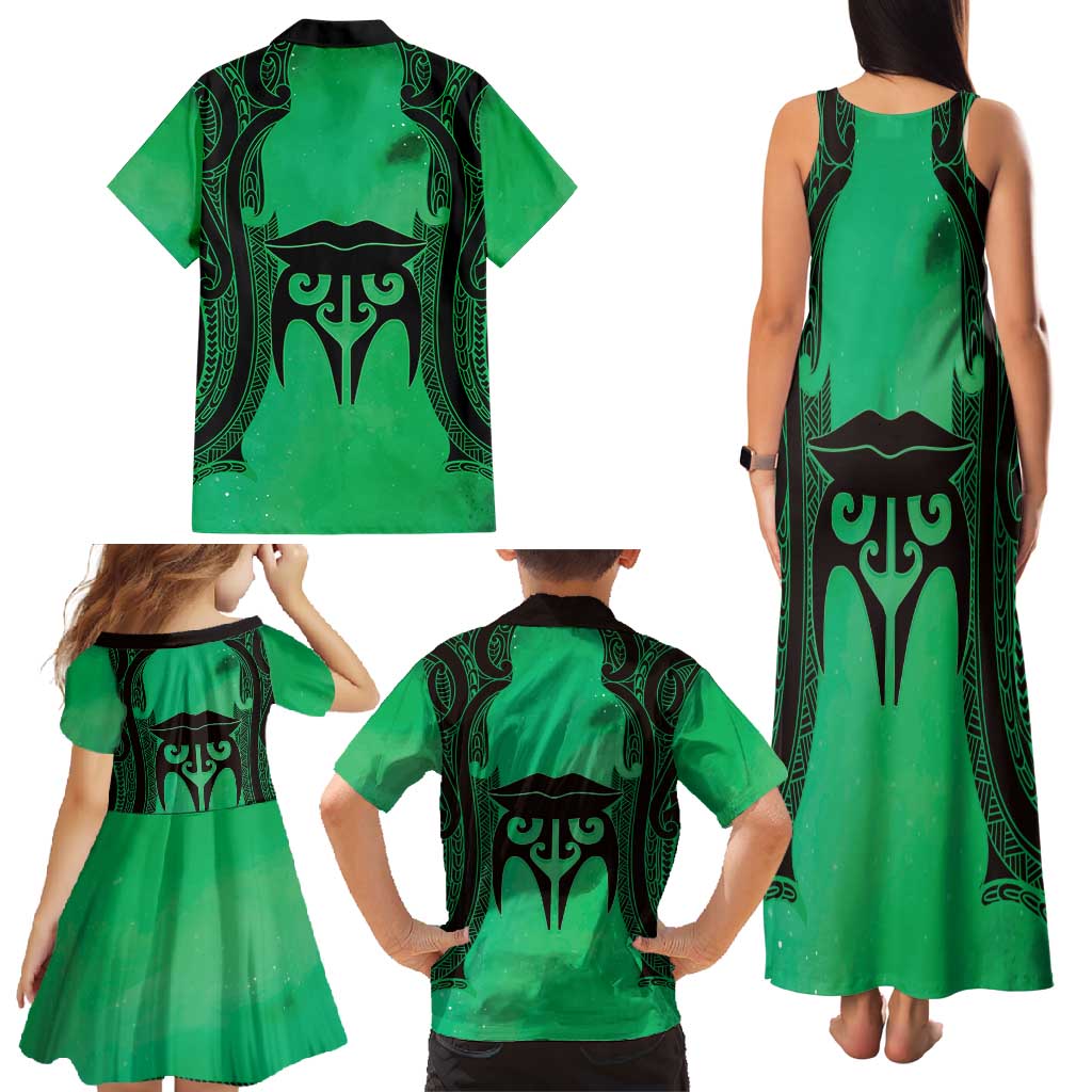 Personalised Moko Kauae New Zealand Family Matching Tank Maxi Dress and Hawaiian Shirt Maori Chin Tattoo Green - Polynesian Pride