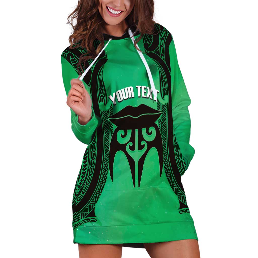 Personalised Moko Kauae New Zealand Hoodie Dress Maori Chin Tattoo Green - Polynesian Pride