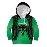 Personalised Moko Kauae New Zealand Kid Hoodie Maori Chin Tattoo Green - Polynesian Pride
