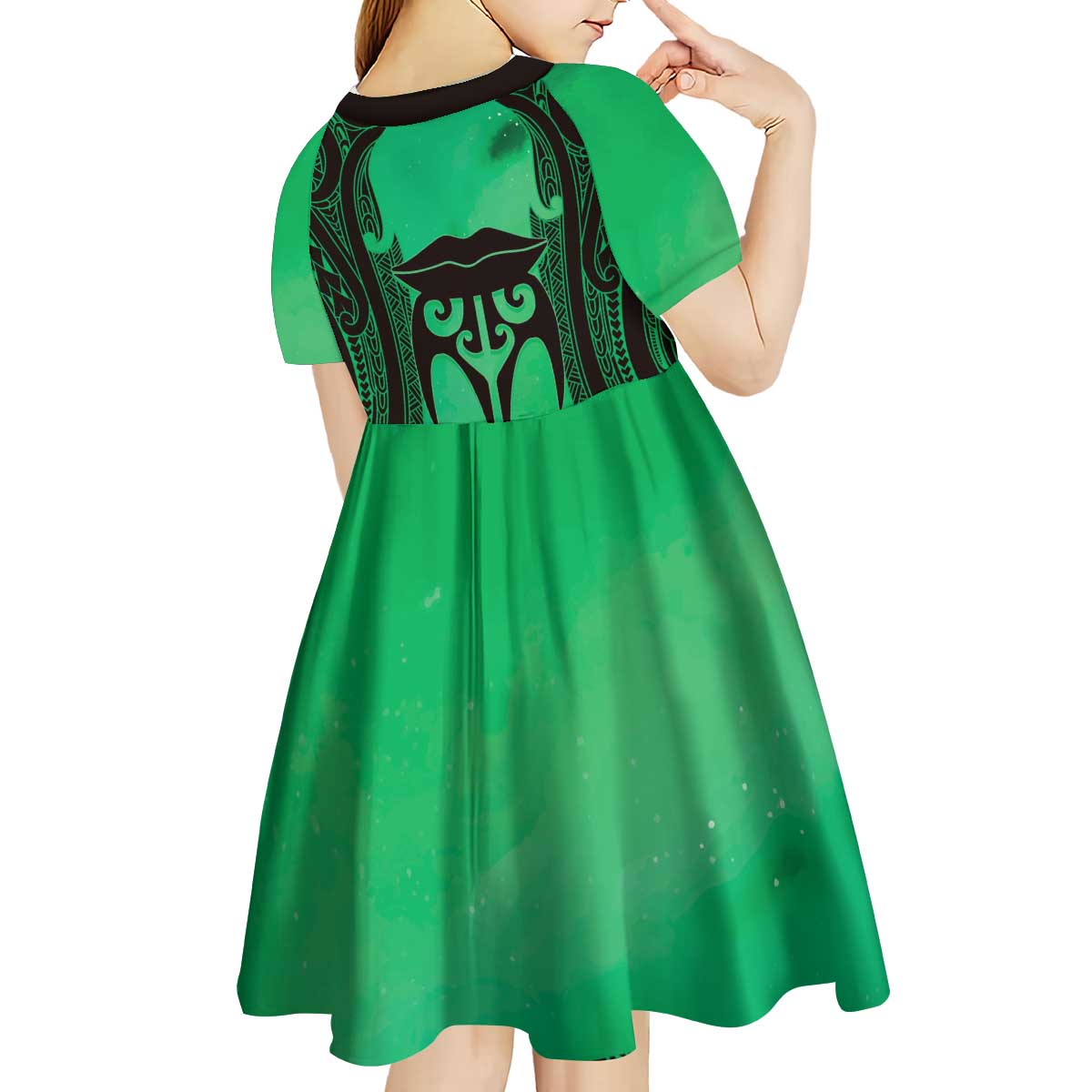 Personalised Moko Kauae New Zealand Kid Short Sleeve Dress Maori Chin Tattoo Green - Polynesian Pride