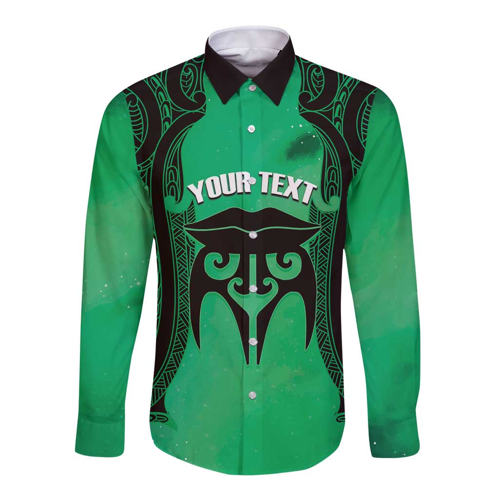 Personalised Moko Kauae New Zealand Long Sleeve Button Shirt Maori Chin Tattoo Green - Polynesian Pride
