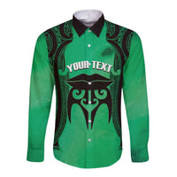 Personalised Moko Kauae New Zealand Long Sleeve Button Shirt Maori Chin Tattoo Green - Polynesian Pride