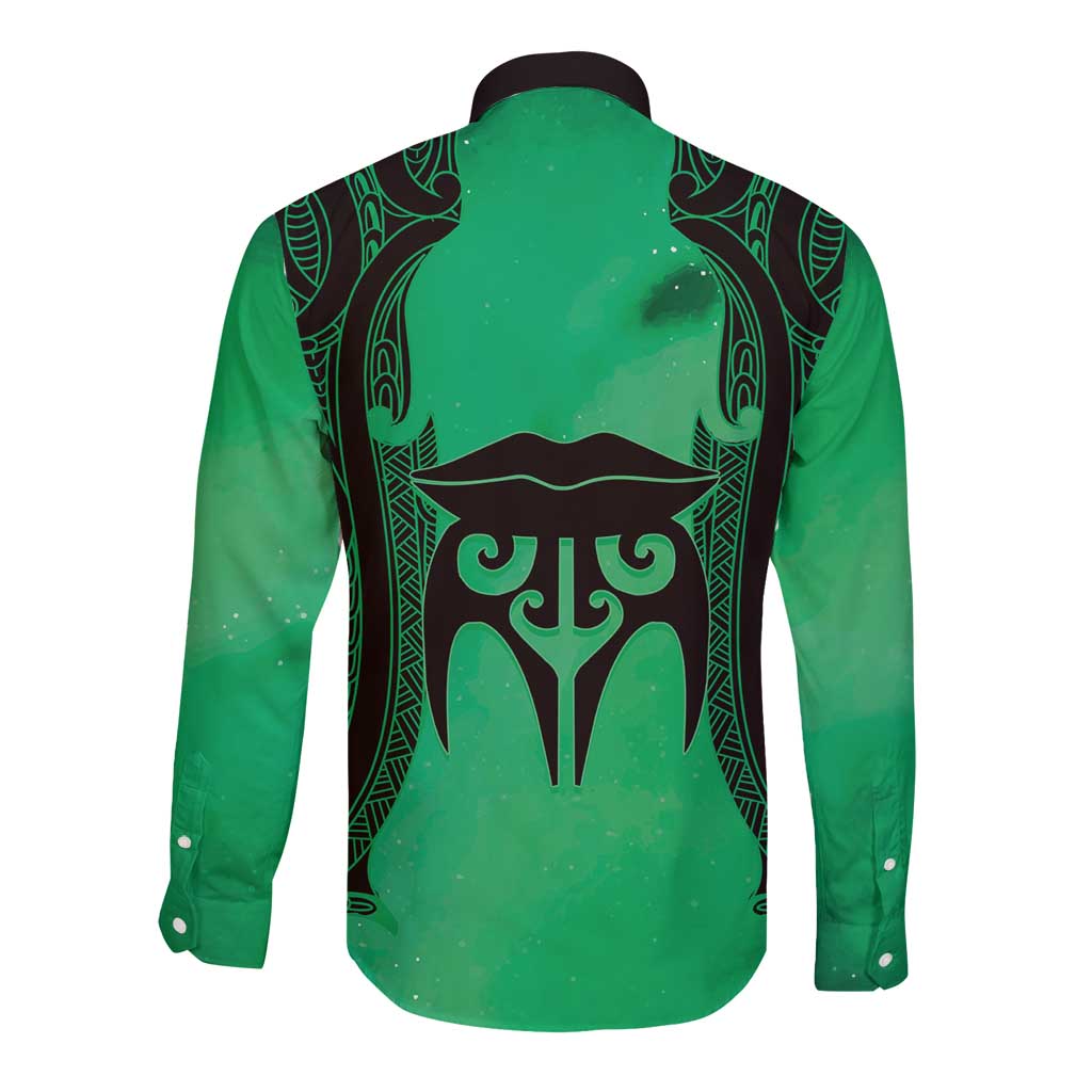 Personalised Moko Kauae New Zealand Long Sleeve Button Shirt Maori Chin Tattoo Green - Polynesian Pride