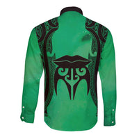 Personalised Moko Kauae New Zealand Long Sleeve Button Shirt Maori Chin Tattoo Green - Polynesian Pride
