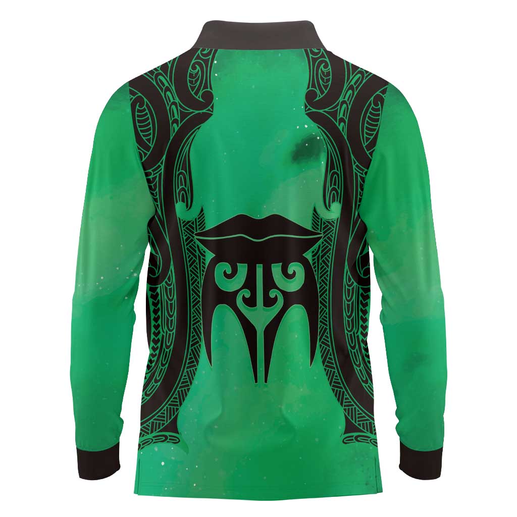 Personalised Moko Kauae New Zealand Long Sleeve Polo Shirt Maori Chin Tattoo Green - Polynesian Pride