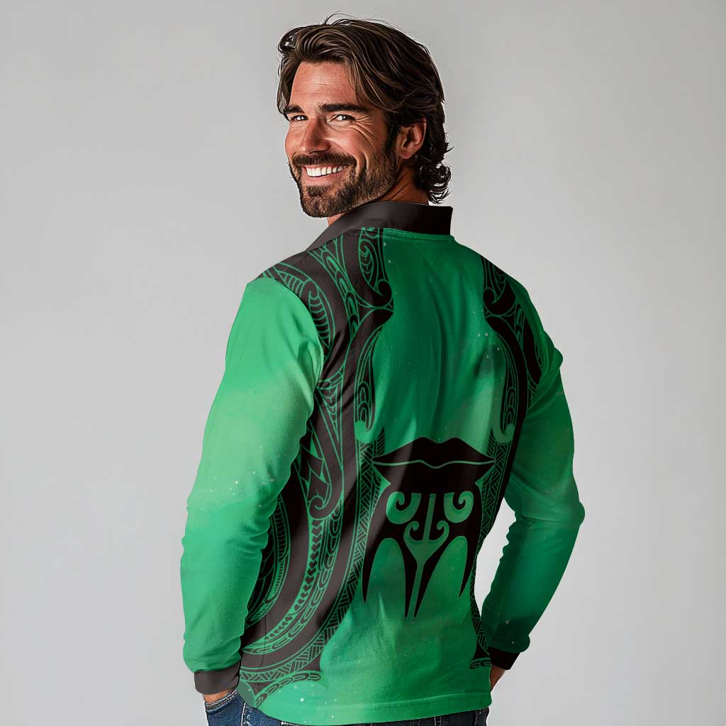 Personalised Moko Kauae New Zealand Long Sleeve Polo Shirt Maori Chin Tattoo Green - Polynesian Pride