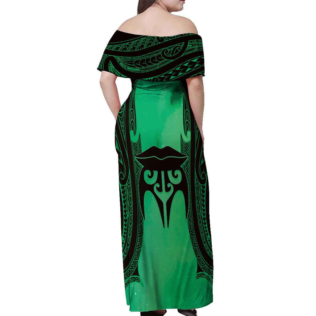Personalised Moko Kauae New Zealand Off Shoulder Maxi Dress Maori Chin Tattoo Green - Polynesian Pride