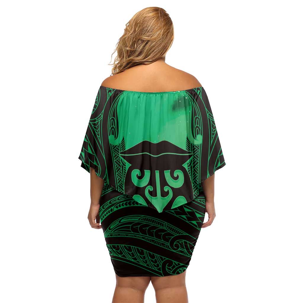 Personalised Moko Kauae New Zealand Off Shoulder Short Dress Maori Chin Tattoo Green - Polynesian Pride