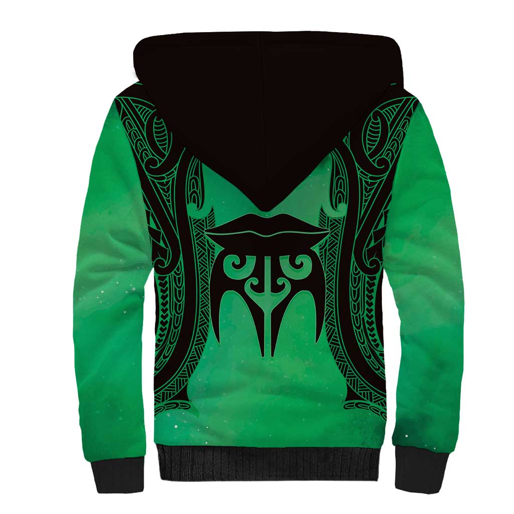 Personalised Moko Kauae New Zealand Sherpa Hoodie Maori Chin Tattoo Green - Polynesian Pride
