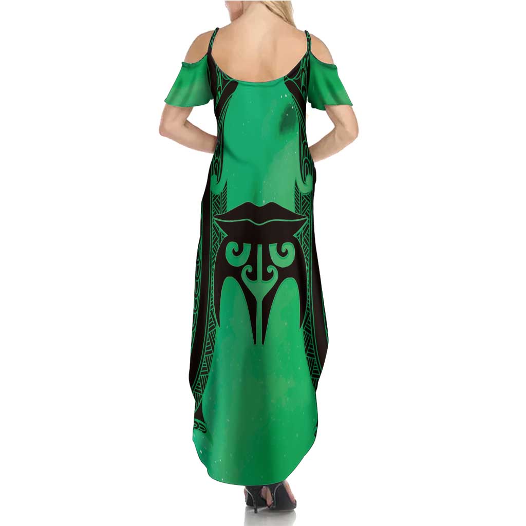 Personalised Moko Kauae New Zealand Summer Maxi Dress Maori Chin Tattoo Green - Polynesian Pride