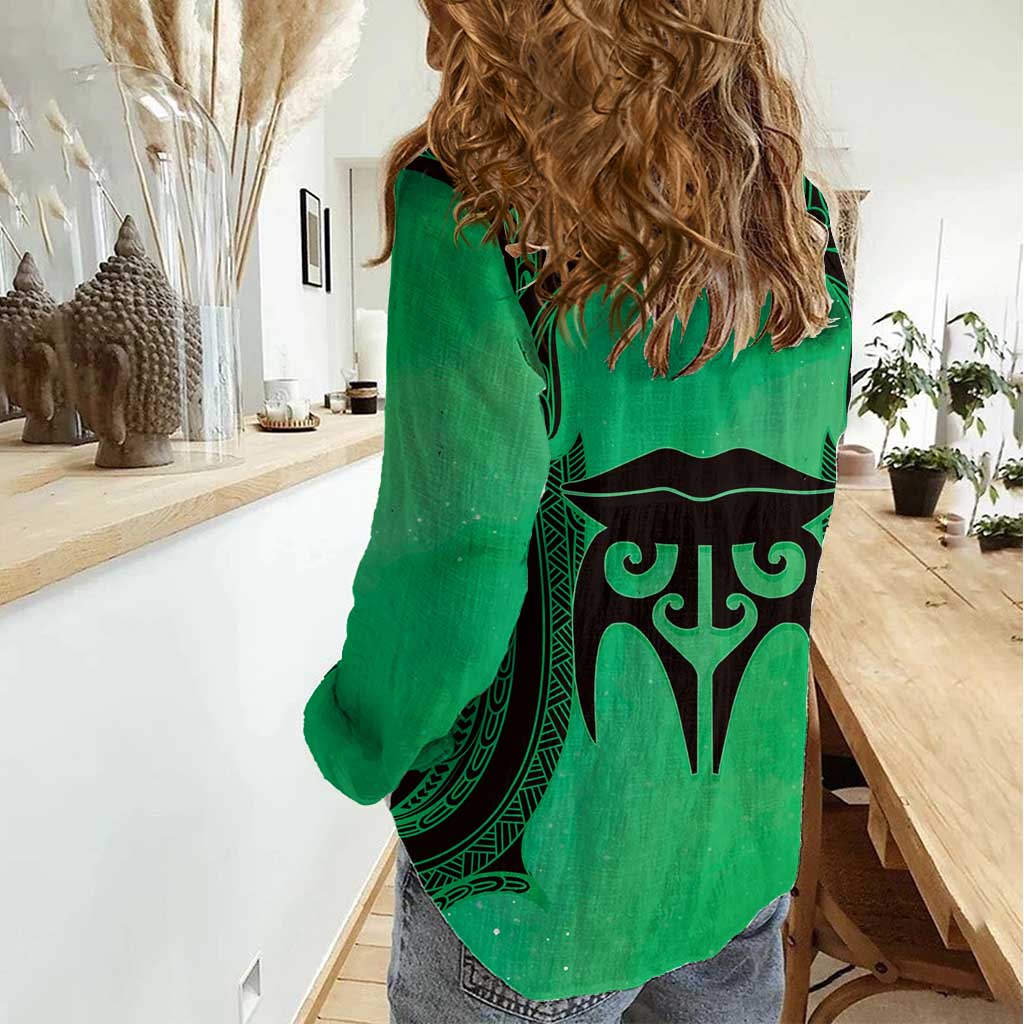 Personalised Moko Kauae New Zealand Women Casual Shirt Maori Chin Tattoo Green - Polynesian Pride