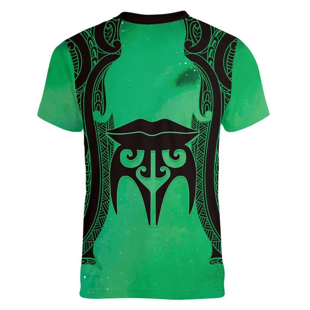 Personalised Moko Kauae New Zealand Women V-Neck T-Shirt Maori Chin Tattoo Green - Polynesian Pride