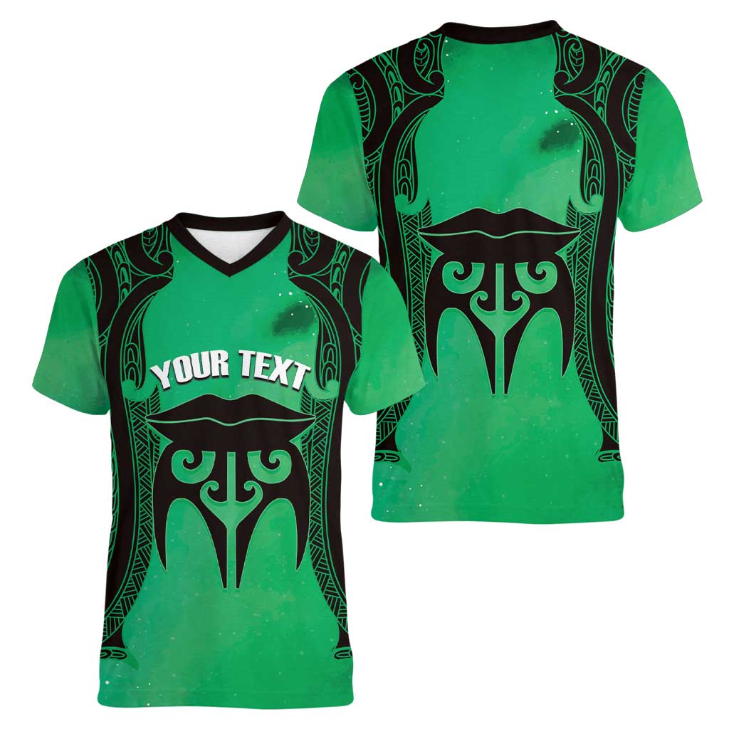 Personalised Moko Kauae New Zealand Women V-Neck T-Shirt Maori Chin Tattoo Green - Polynesian Pride