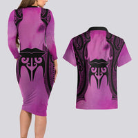 Personalised Moko Kauae New Zealand Couples Matching Long Sleeve Bodycon Dress and Hawaiian Shirt Maori Chin Tattoo Pink - Polynesian Pride