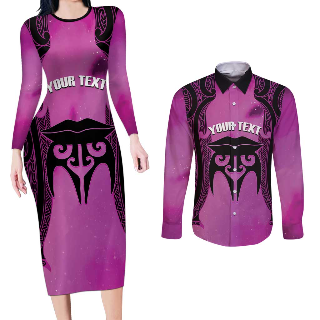 Personalised Moko Kauae New Zealand Couples Matching Long Sleeve Bodycon Dress and Long Sleeve Button Shirt Maori Chin Tattoo Pink - Polynesian Pride