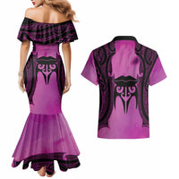 Personalised Moko Kauae New Zealand Couples Matching Mermaid Dress and Hawaiian Shirt Maori Chin Tattoo Pink - Polynesian Pride