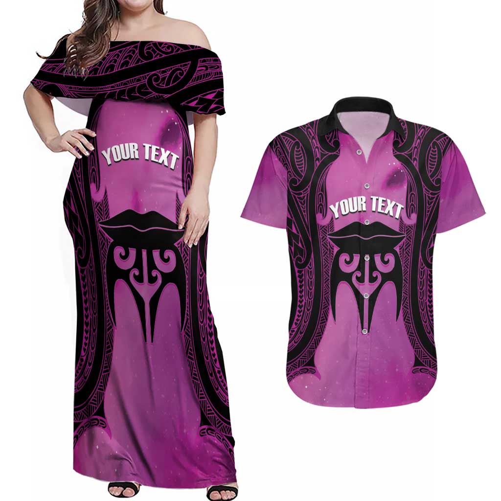 Personalised Moko Kauae New Zealand Couples Matching Off Shoulder Maxi Dress and Hawaiian Shirt Maori Chin Tattoo Pink - Polynesian Pride