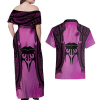 Personalised Moko Kauae New Zealand Couples Matching Off Shoulder Maxi Dress and Hawaiian Shirt Maori Chin Tattoo Pink - Polynesian Pride