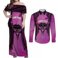 Personalised Moko Kauae New Zealand Couples Matching Off Shoulder Maxi Dress and Long Sleeve Button Shirt Maori Chin Tattoo Pink - Polynesian Pride