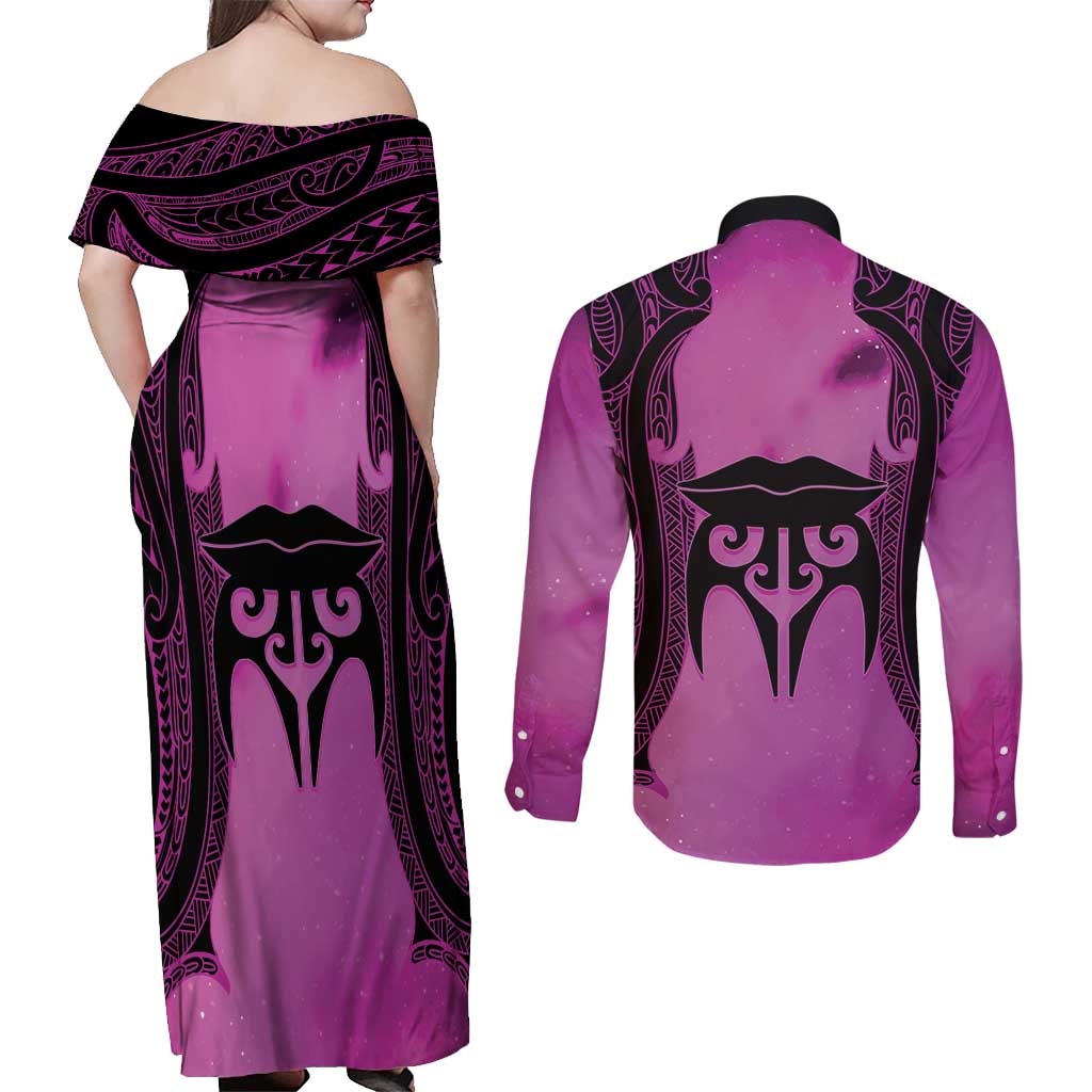 Personalised Moko Kauae New Zealand Couples Matching Off Shoulder Maxi Dress and Long Sleeve Button Shirt Maori Chin Tattoo Pink - Polynesian Pride