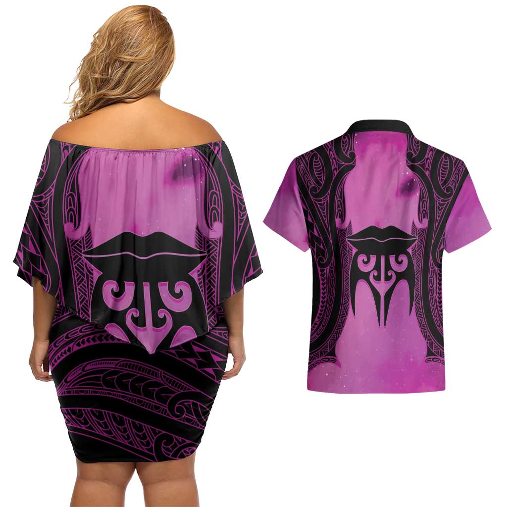 Personalised Moko Kauae New Zealand Couples Matching Off Shoulder Short Dress and Hawaiian Shirt Maori Chin Tattoo Pink - Polynesian Pride