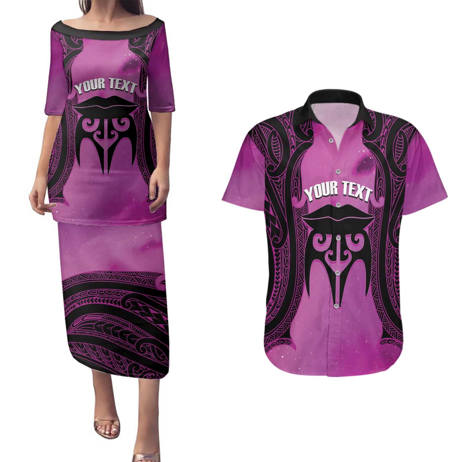 Personalised Moko Kauae New Zealand Couples Matching Puletasi and Hawaiian Shirt Maori Chin Tattoo Pink - Polynesian Pride