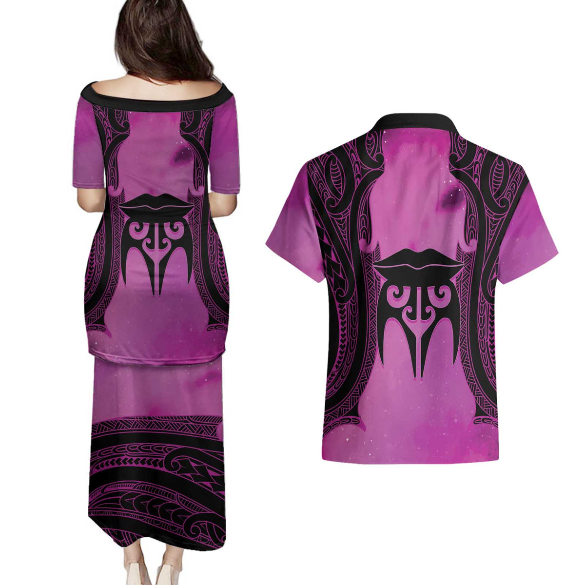 Personalised Moko Kauae New Zealand Couples Matching Puletasi and Hawaiian Shirt Maori Chin Tattoo Pink - Polynesian Pride