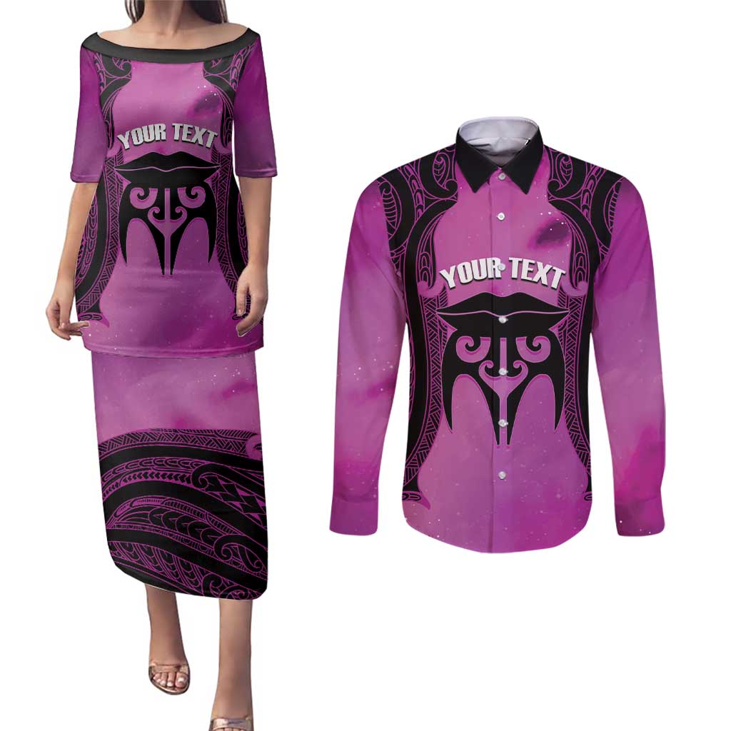 Personalised Moko Kauae New Zealand Couples Matching Puletasi and Long Sleeve Button Shirt Maori Chin Tattoo Pink - Polynesian Pride
