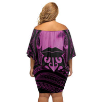 Personalised Moko Kauae New Zealand Family Matching Off Shoulder Short Dress and Hawaiian Shirt Maori Chin Tattoo Pink - Polynesian Pride