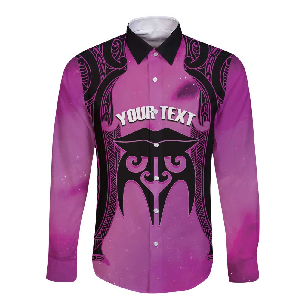 Personalised Moko Kauae New Zealand Long Sleeve Button Shirt Maori Chin Tattoo Pink - Polynesian Pride