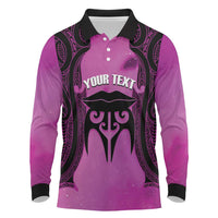 Personalised Moko Kauae New Zealand Long Sleeve Polo Shirt Maori Chin Tattoo Pink - Polynesian Pride
