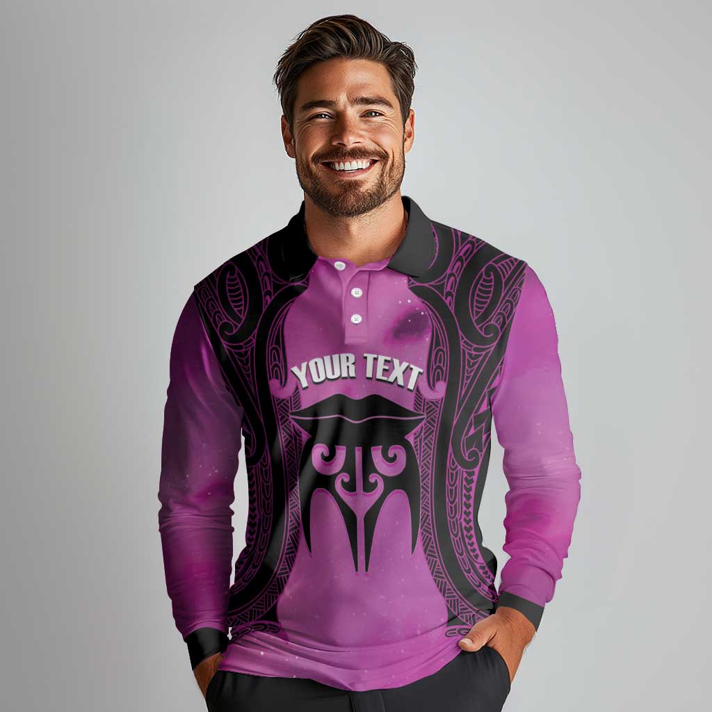 Personalised Moko Kauae New Zealand Long Sleeve Polo Shirt Maori Chin Tattoo Pink - Polynesian Pride