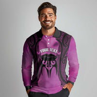 Personalised Moko Kauae New Zealand Long Sleeve Polo Shirt Maori Chin Tattoo Pink - Polynesian Pride