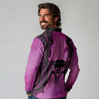 Personalised Moko Kauae New Zealand Long Sleeve Polo Shirt Maori Chin Tattoo Pink - Polynesian Pride