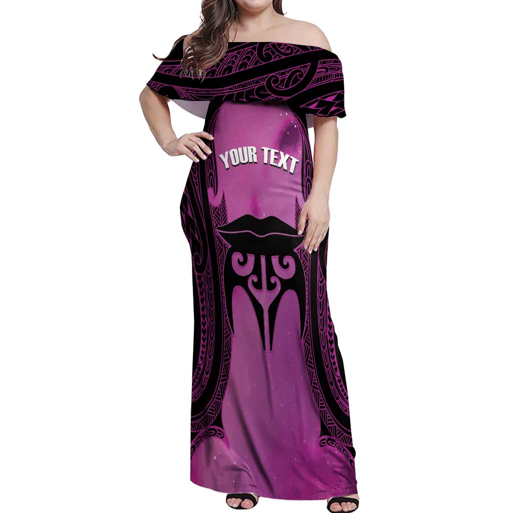 Personalised Moko Kauae New Zealand Off Shoulder Maxi Dress Maori Chin Tattoo Pink - Polynesian Pride