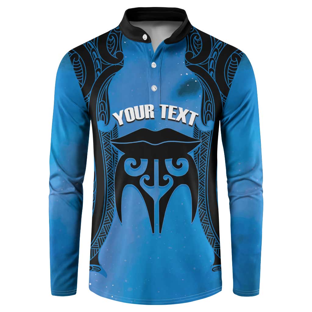 Personalised Moko Kauae New Zealand Button Sweatshirt Maori Chin Tattoo Blue - Polynesian Pride