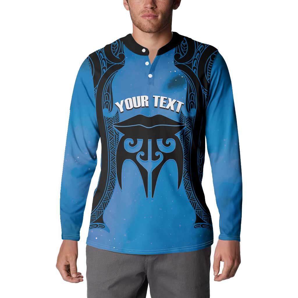 Personalised Moko Kauae New Zealand Button Sweatshirt Maori Chin Tattoo Blue - Polynesian Pride