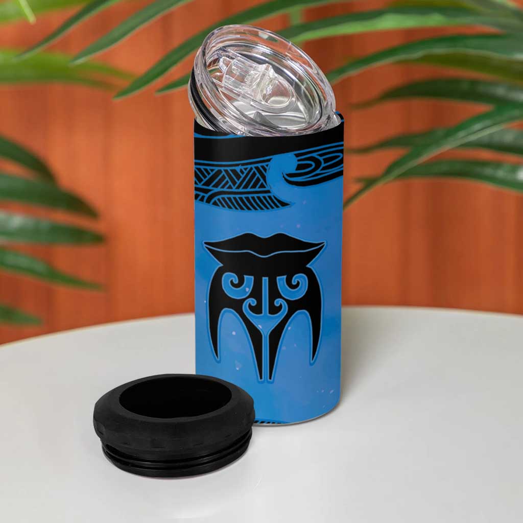 Personalised Moko Kauae New Zealand 4 in 1 Can Cooler Tumbler Maori Chin Tattoo Blue - Polynesian Pride