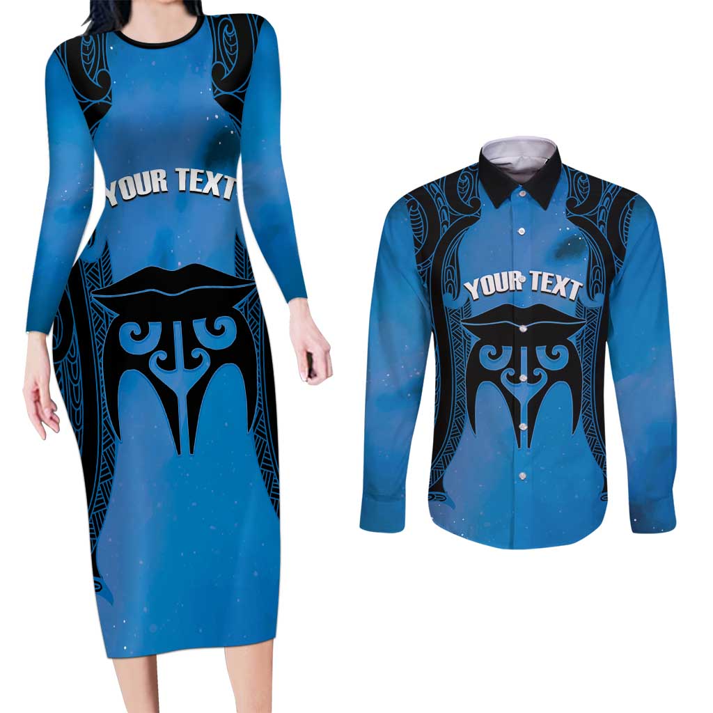 Personalised Moko Kauae New Zealand Couples Matching Long Sleeve Bodycon Dress and Long Sleeve Button Shirt Maori Chin Tattoo Blue - Polynesian Pride